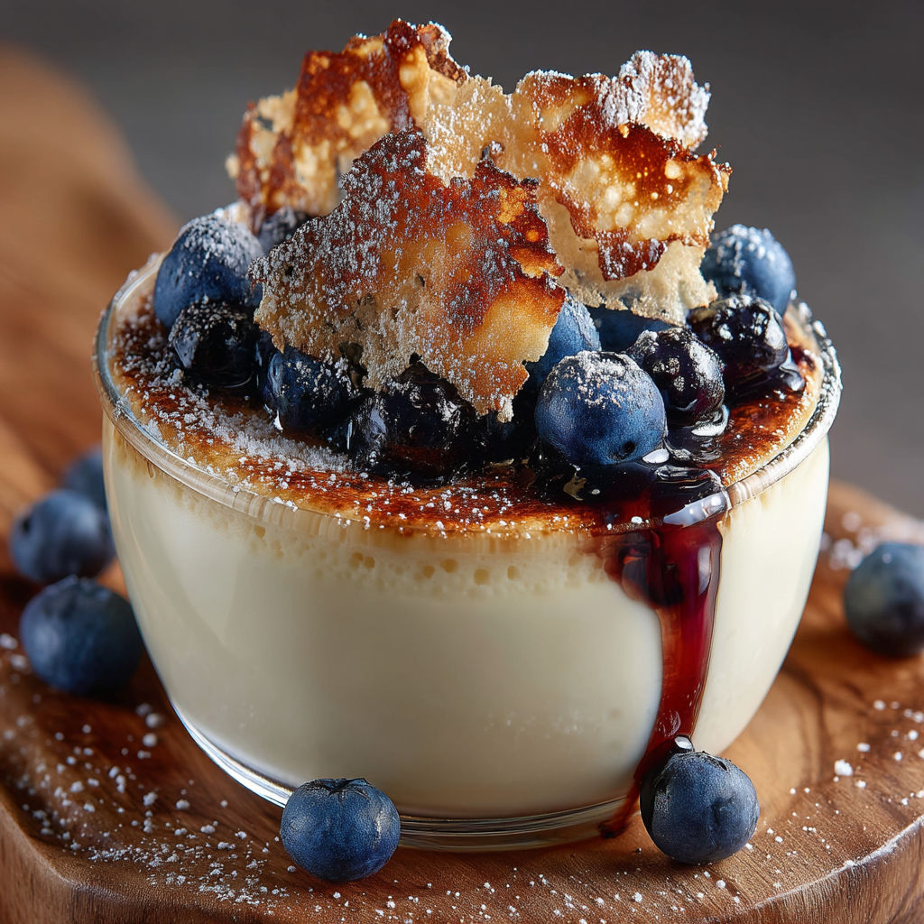 Pannacotta croustillantes, vanille et myrtilles.