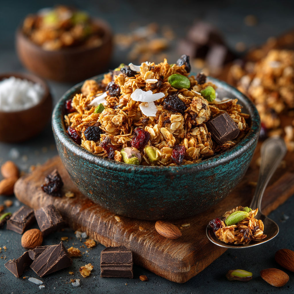 Un bol de granola au chocolat et aux fruits secs sans oeufs.