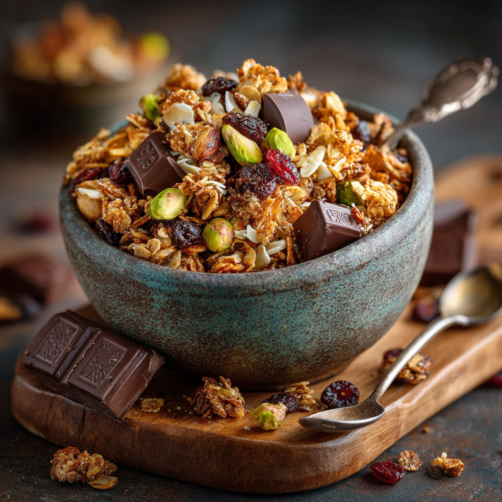 Un bol de granola au chocolat et aux fruits secs sans oeufs.