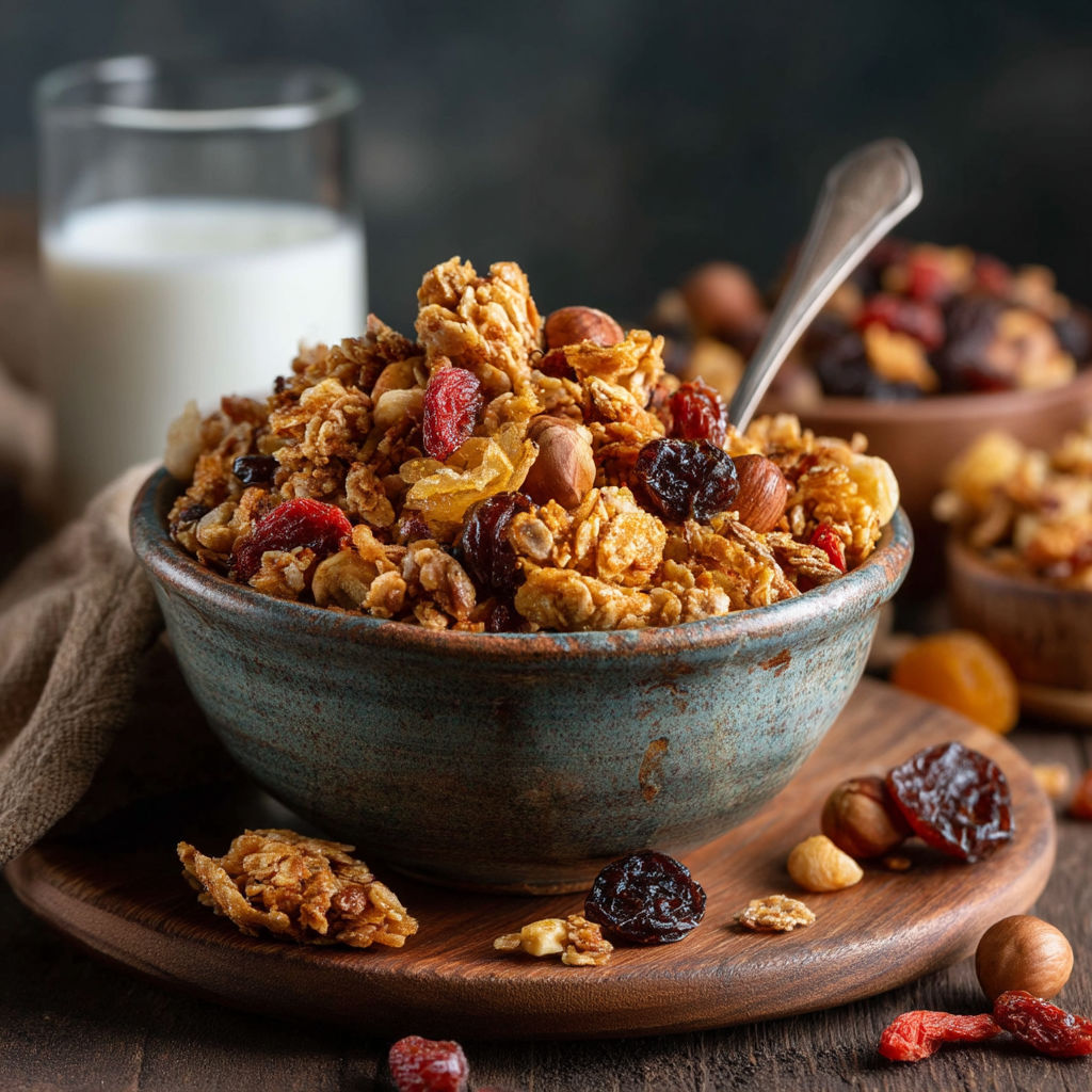 Un bol de granola maison avec des fruits secs et des noix.