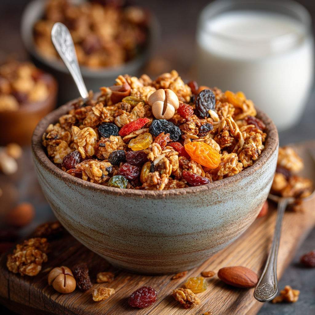 Un bol de granola maison avec des fruits secs et des noix.
