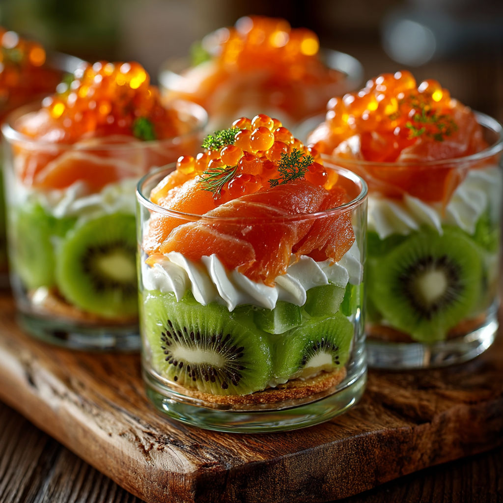 Verrines de l'Adour au saumon fumé et au kiwi.
