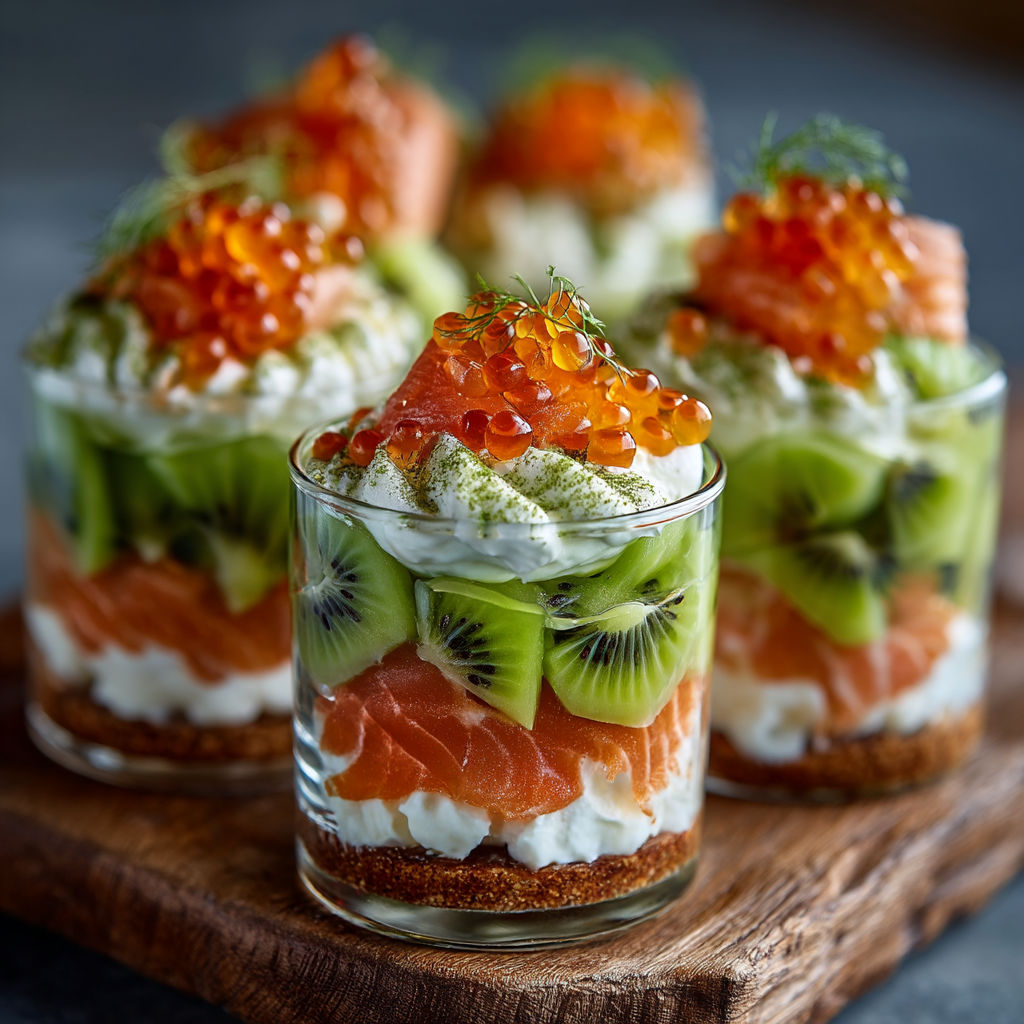 Desserts with kiwi, salmon and cream.