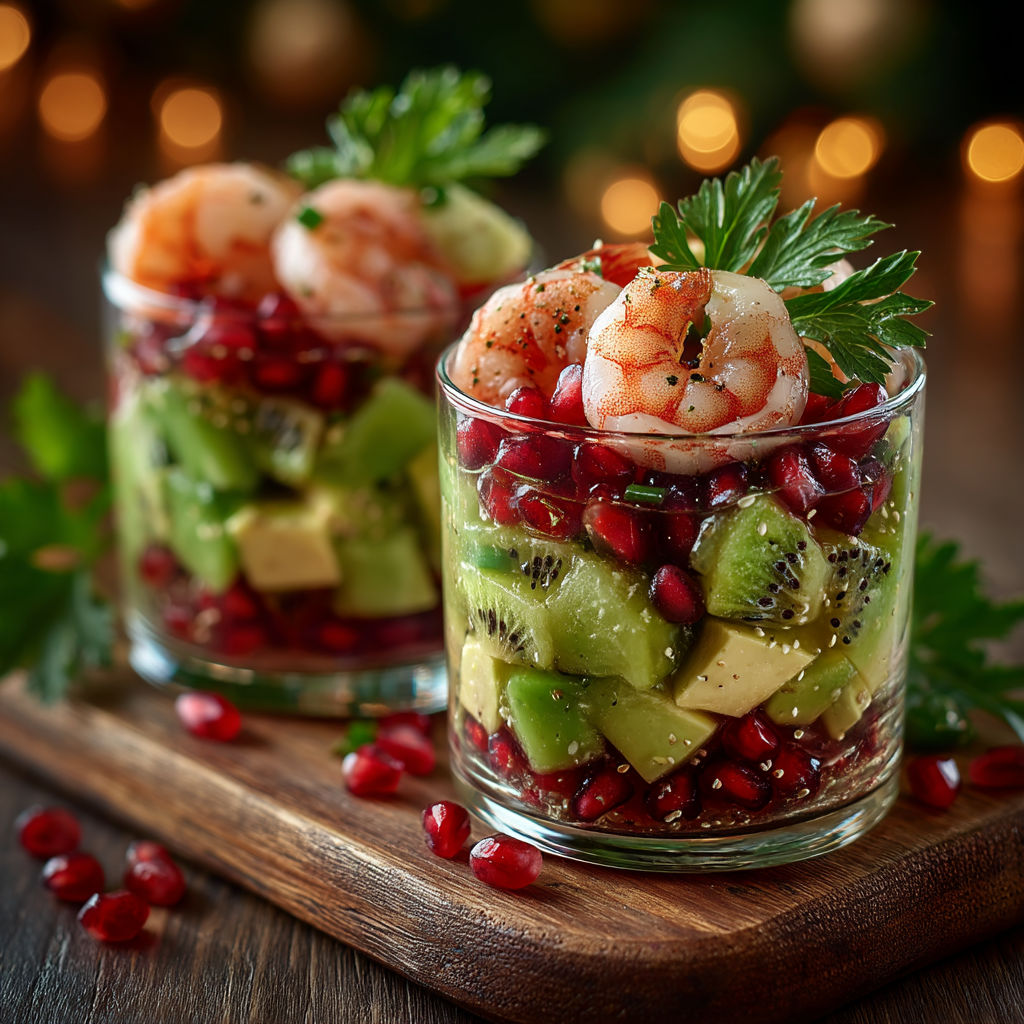 Desserts in two glasses with fruits and vegetables.