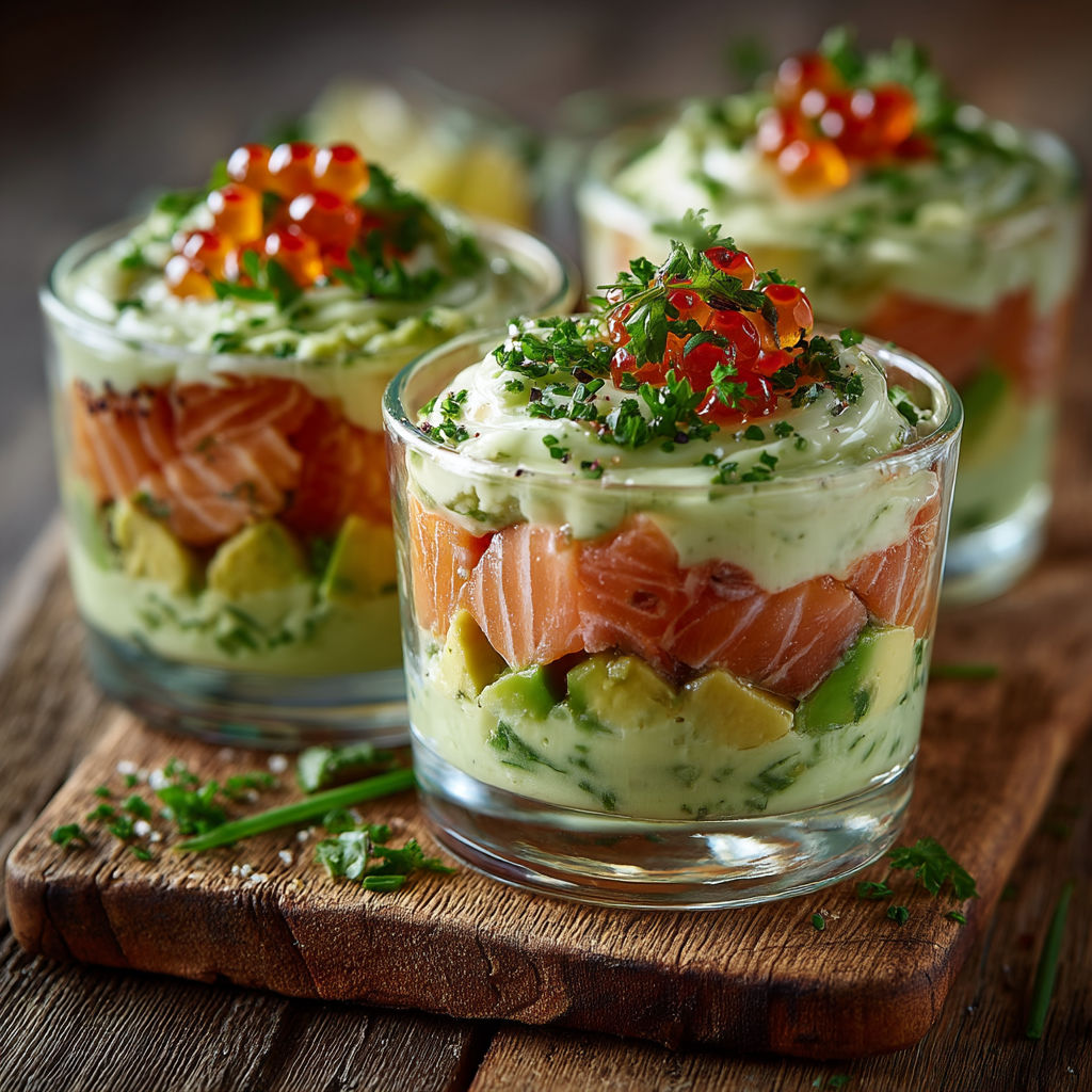 Verrine de saumon et avocat sauce onctueuse.