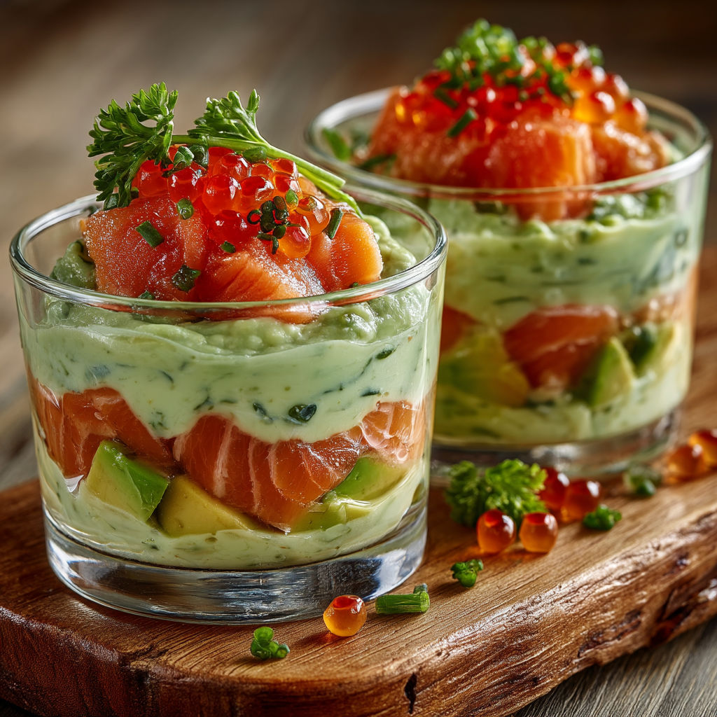Verrine de saumon et avocat sauce onctueuse.