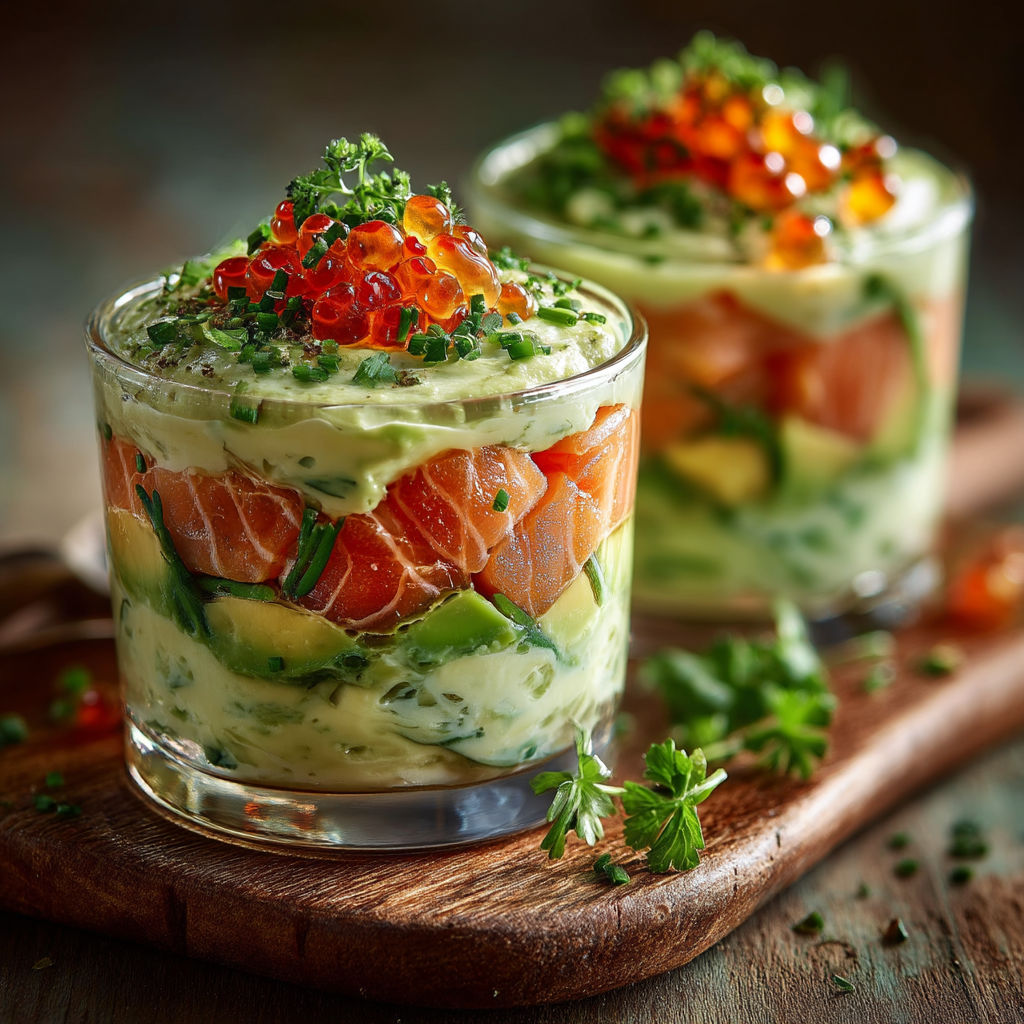 Verrine de saumon et avocat sauce onctueuse.