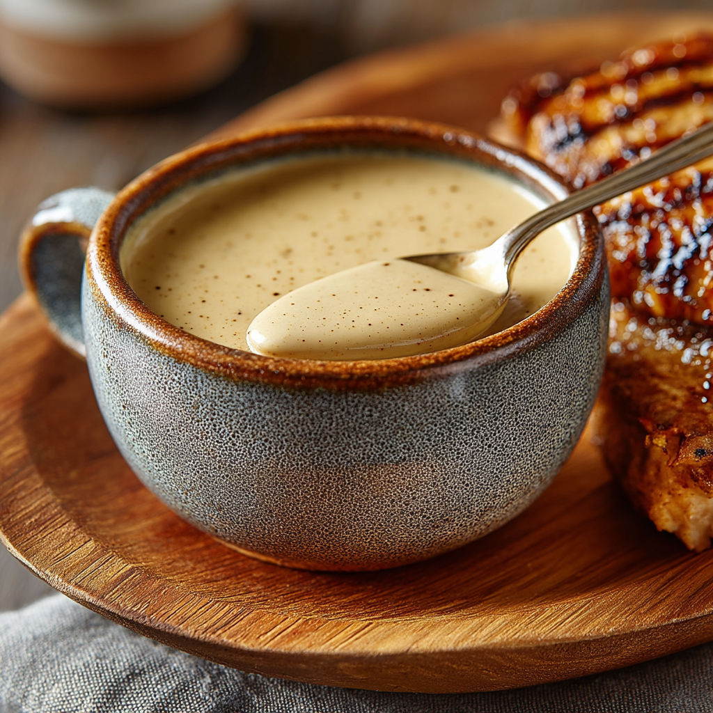 Une tasse de soupes et une tranche de pain grillé sur une table.