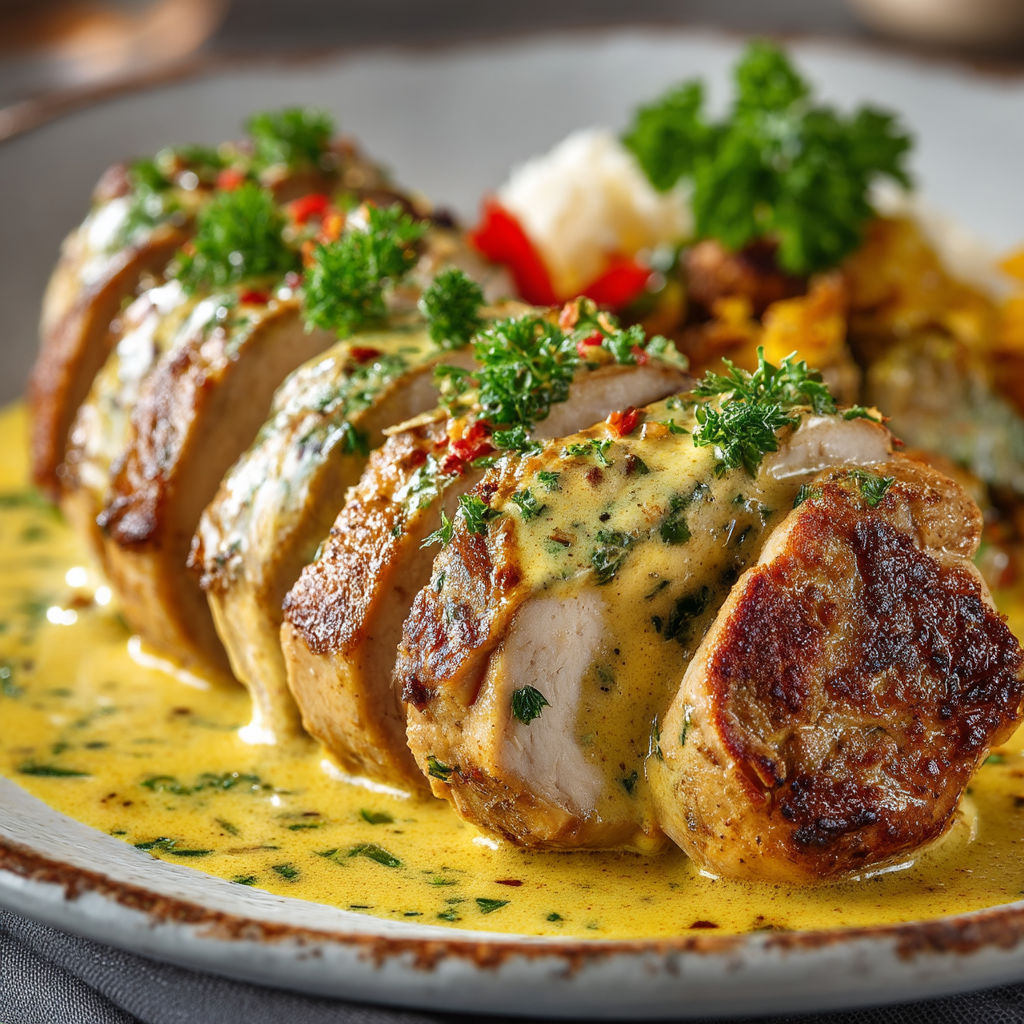 Un plat de rôti de dindonneau avec sauce au curry.