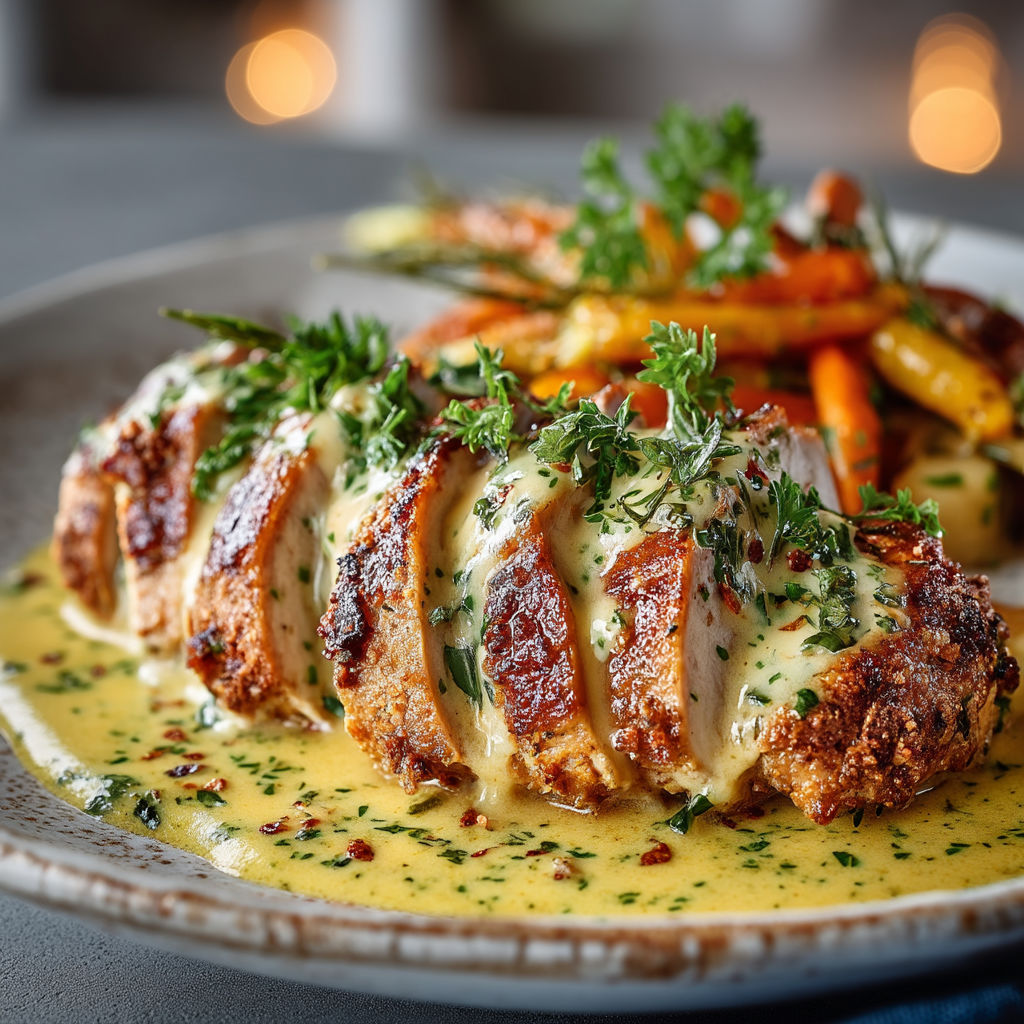 Une assiette de rôti de dindonneau avec une sauce au curry.