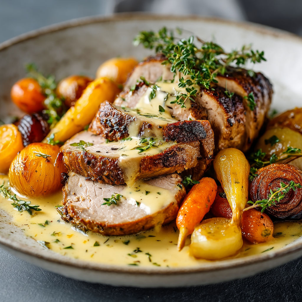 Une assiette de rôti de veau avec des carottes et des agrumes.