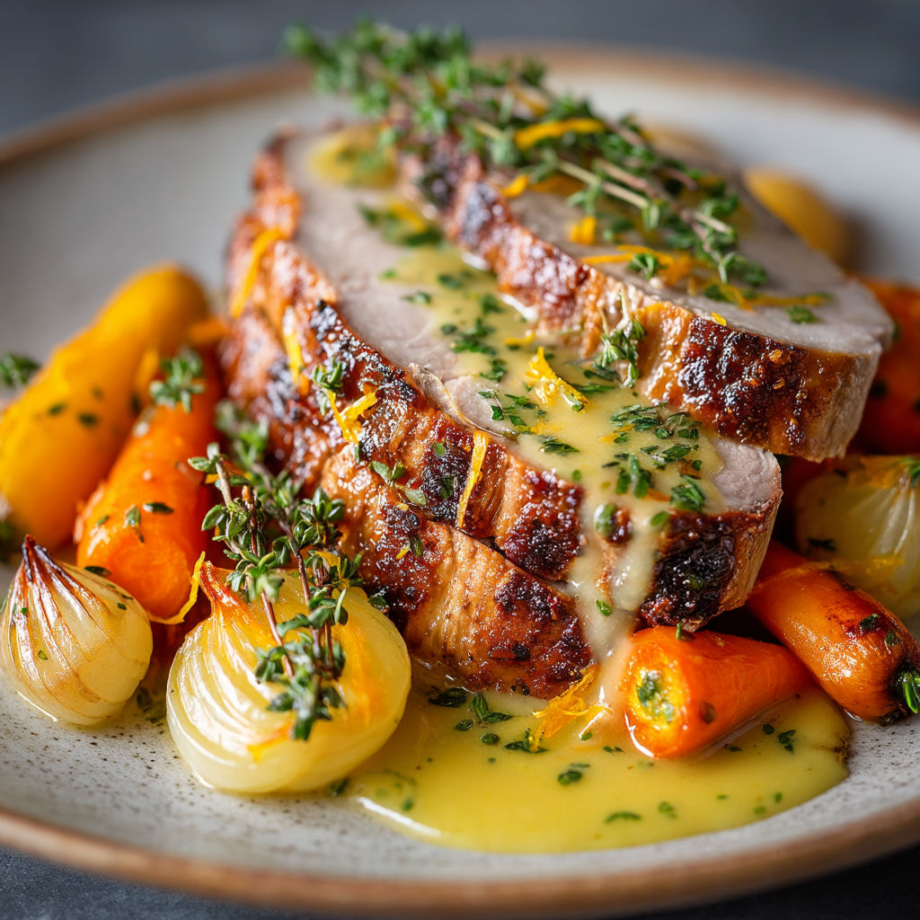 Une viande grillée avec des légumes et des herbes.