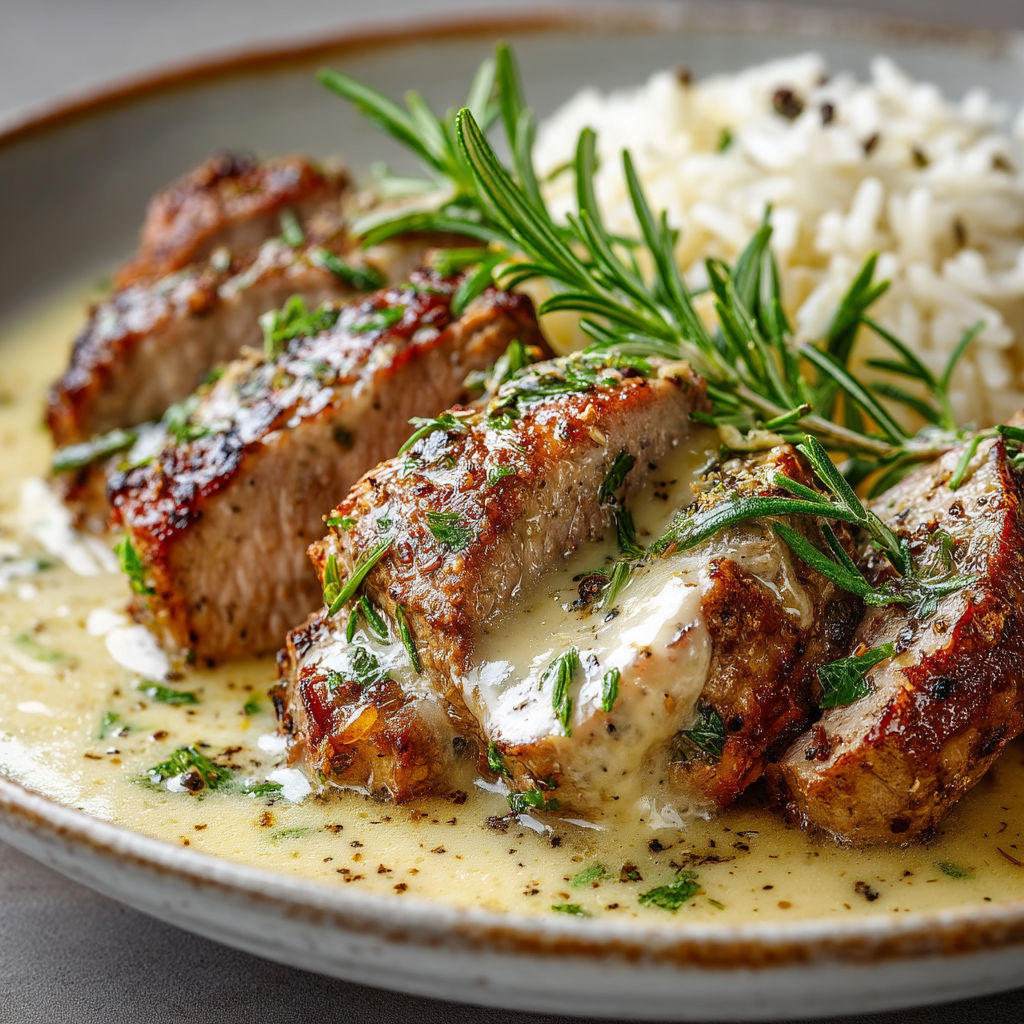 Rôti de porc au lait, parfumé à l'ail et au romarin.