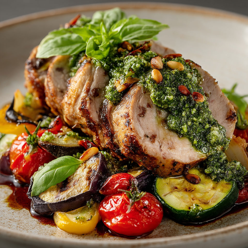 Rôti de veau aux légumes d'été, pesto roquette basilic.