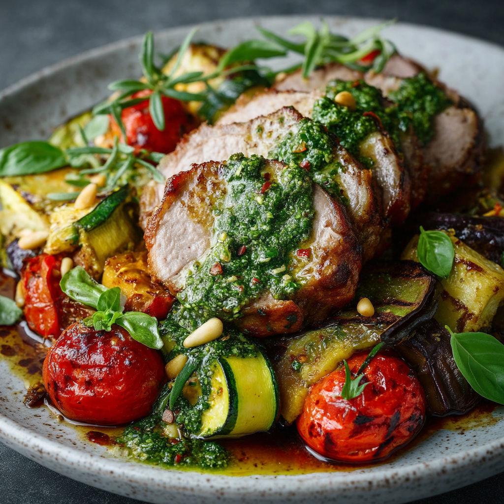 Une assiette de viande grillée avec des légumes verts et des herbes.