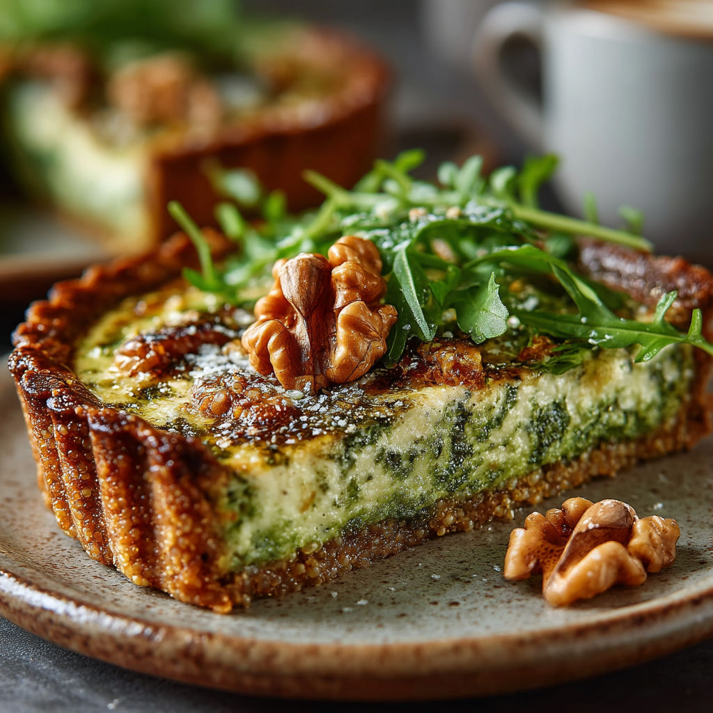 Une tarte au pesto de roquette et aux noix.