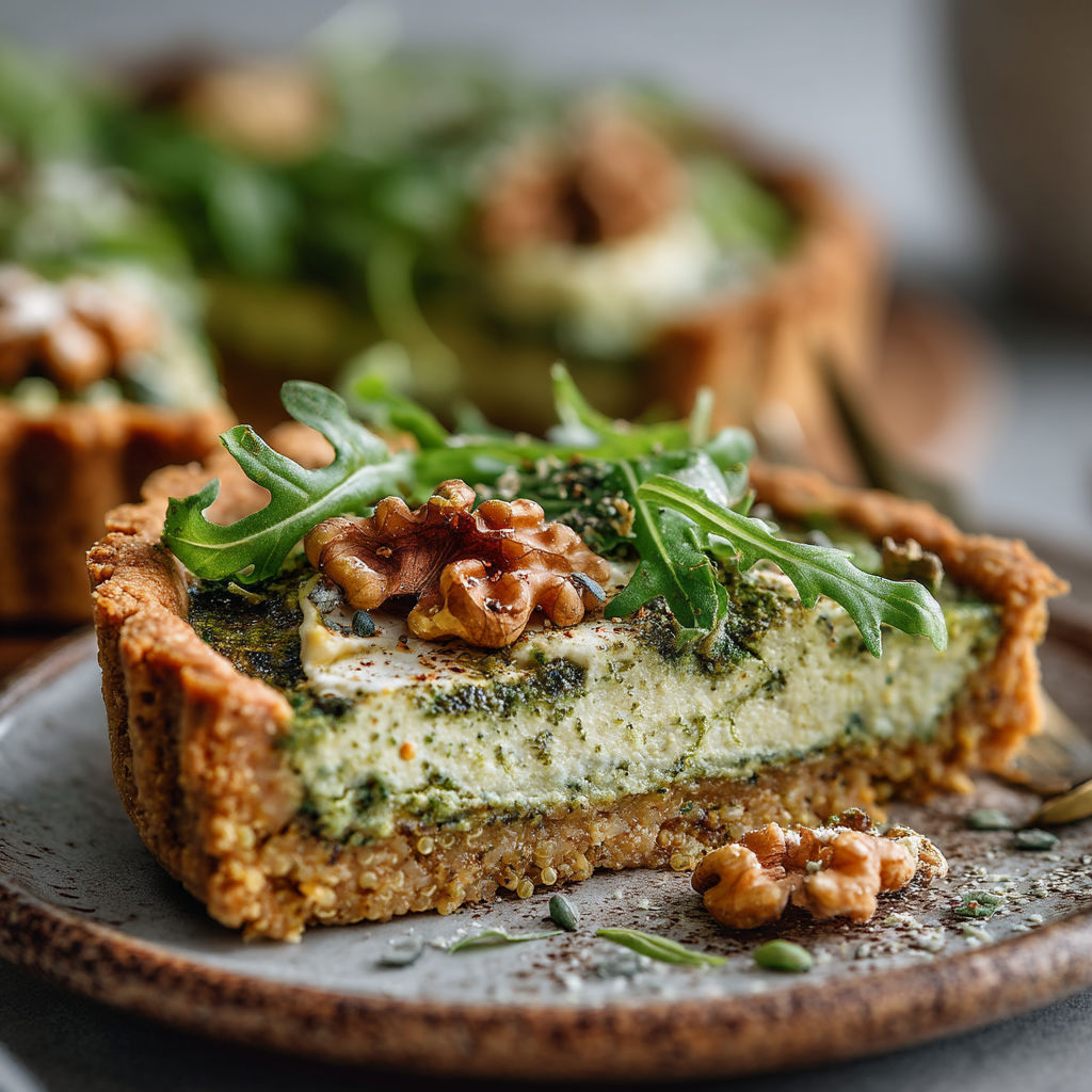 Une tarte au pesto de roquette et aux noix sur un plateau.