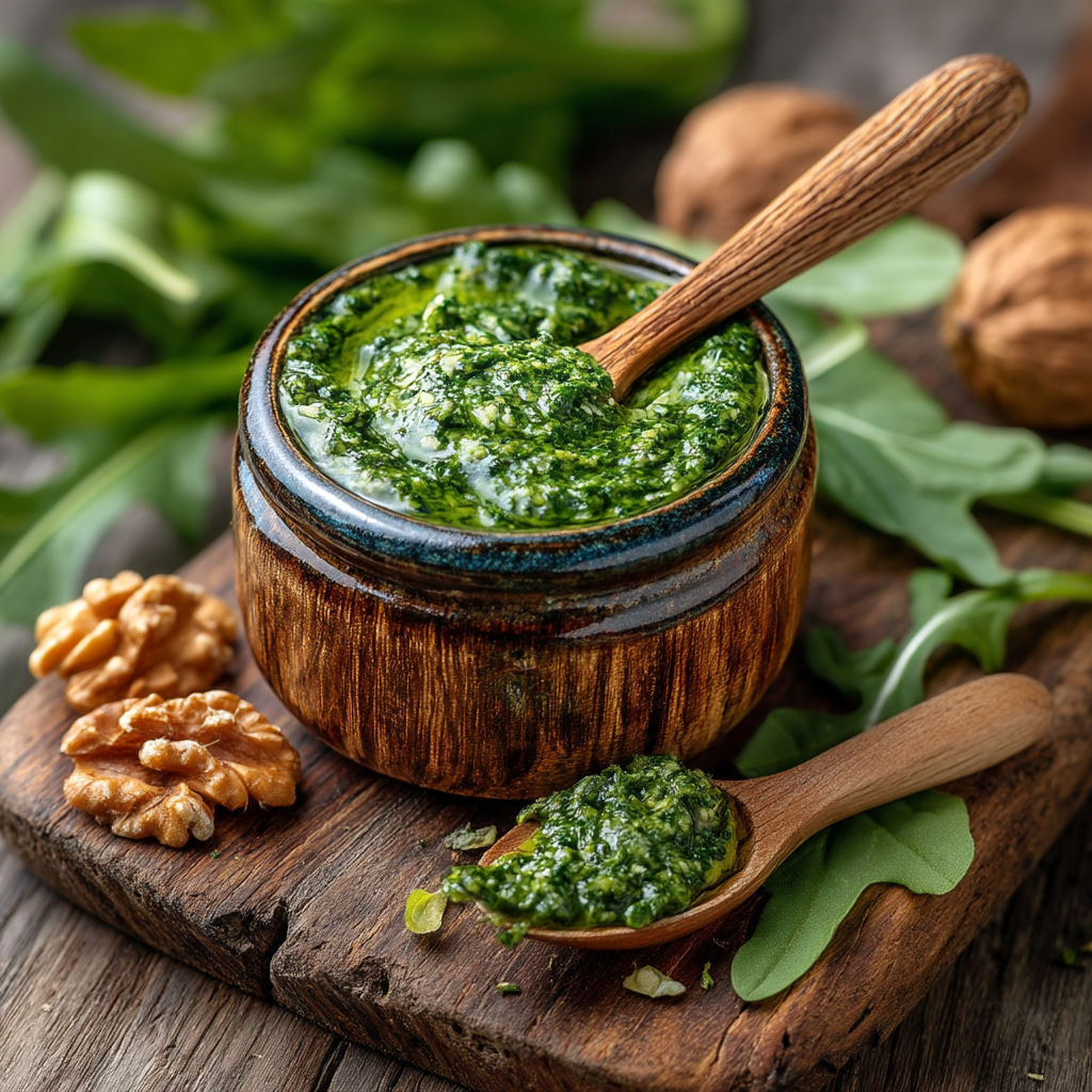 Un bol de pesto ail des ours, roquette et noix sur une table.