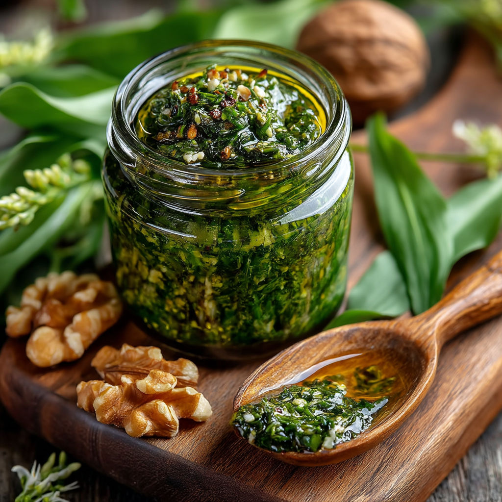 Une jarre de pesto ail des ours, roquette et noix.