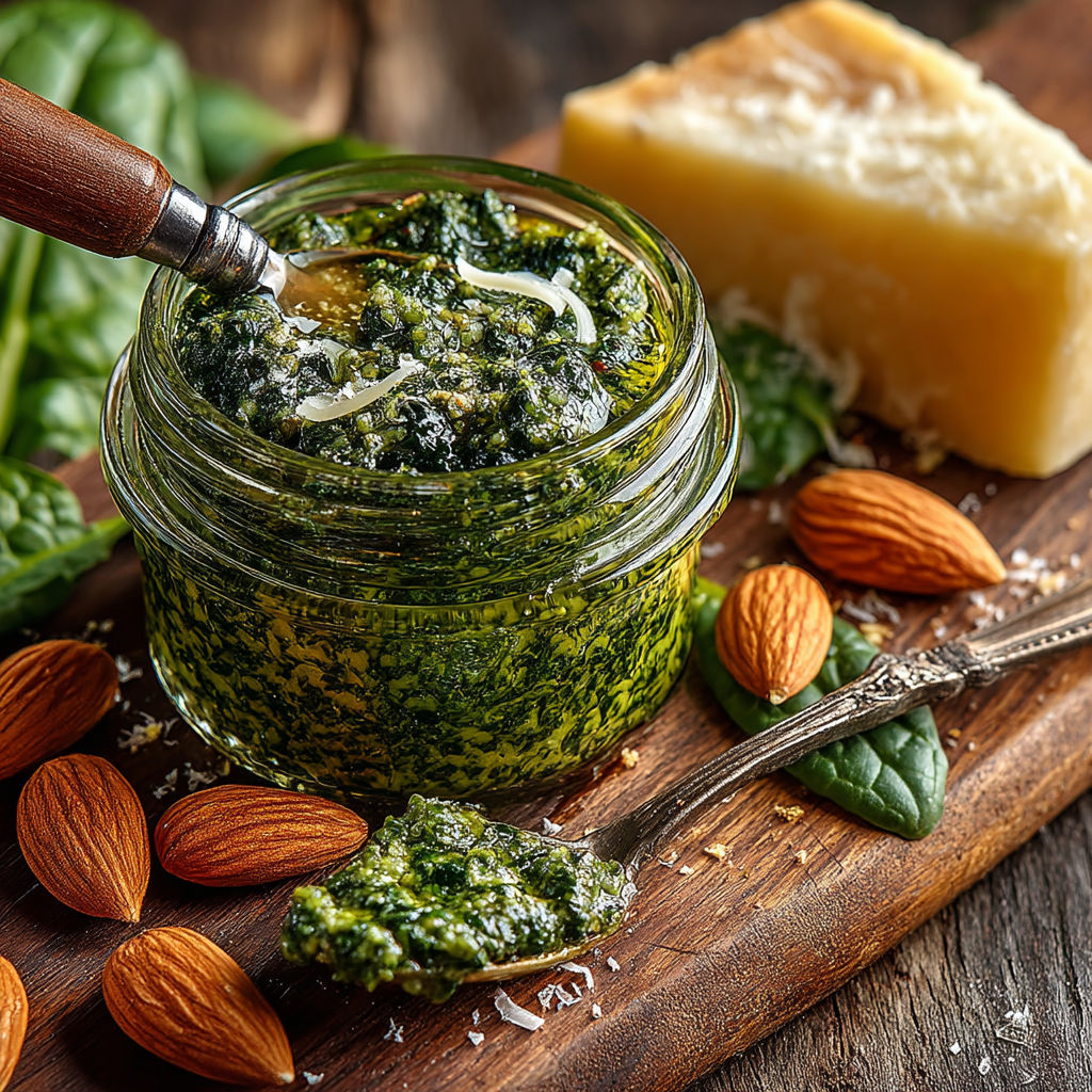 Une cuillère de sauce verte sur une table.