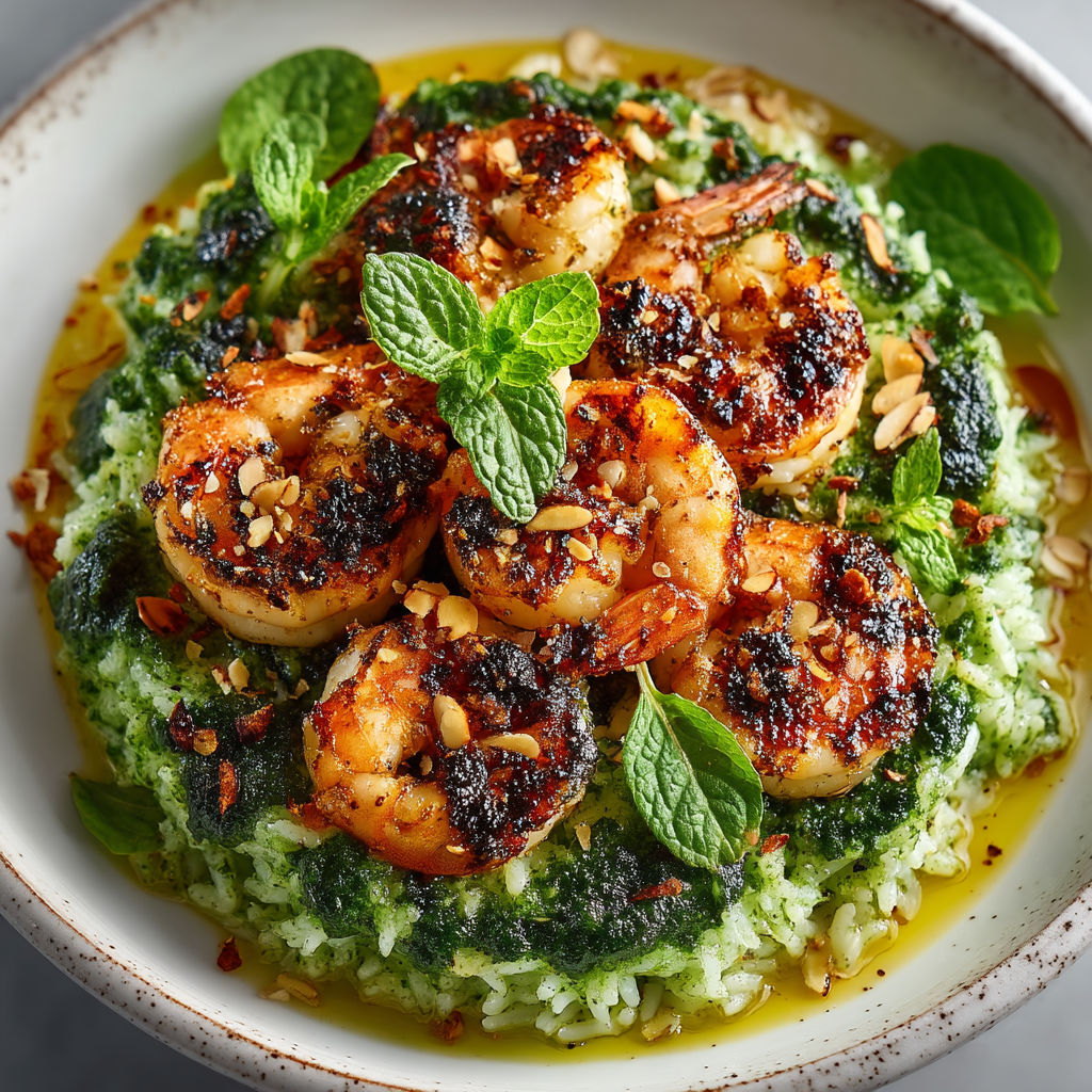 Crevettes grillées et riz au pesto d'épinards.