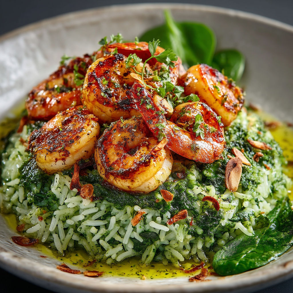 Une assiette de crevettes grillées avec des herbes et des légumes verts.