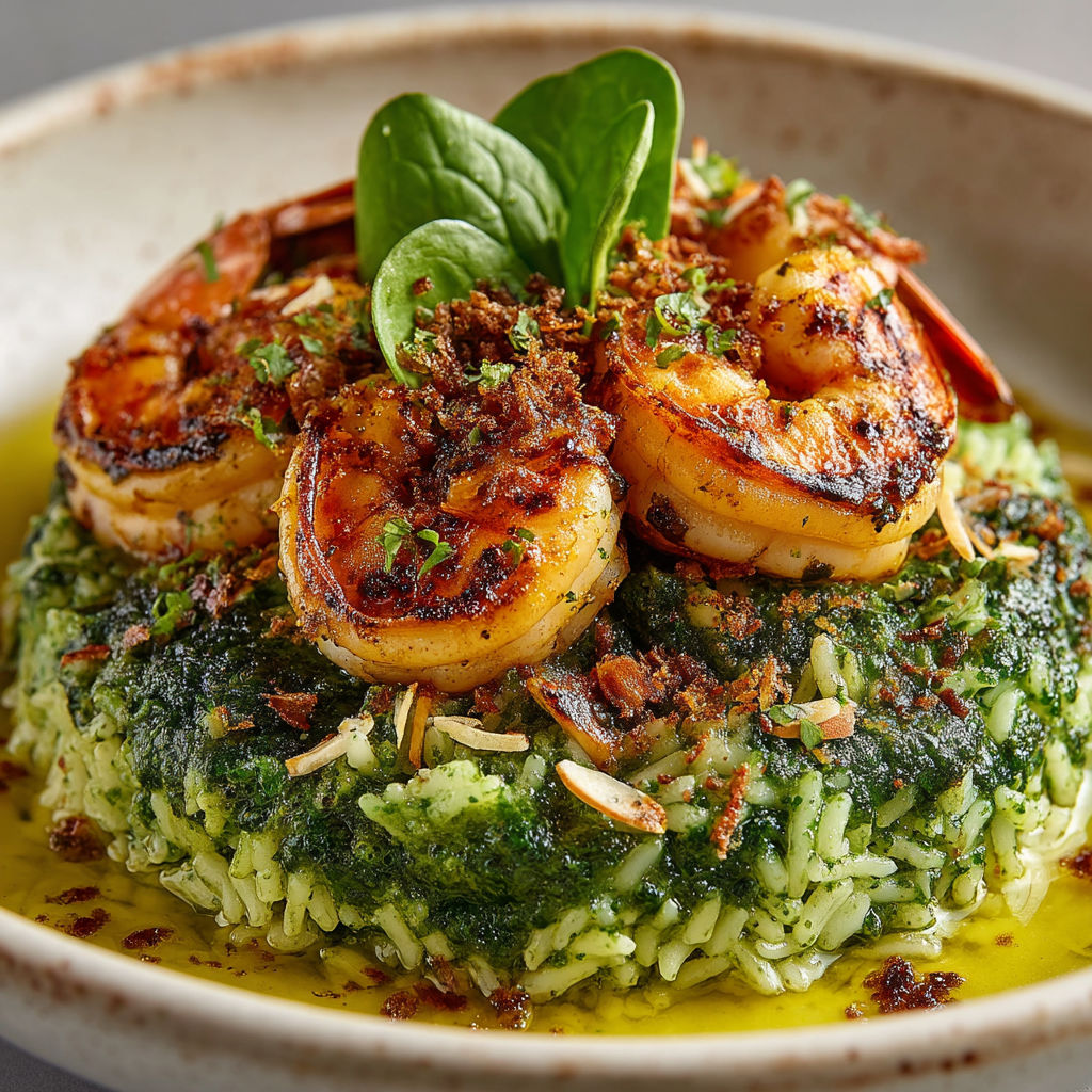 Une assiette de riz avec des crevettes et des herbes.