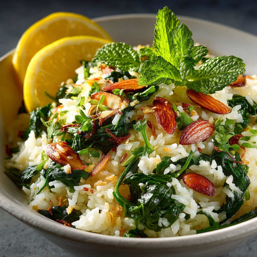 Riz sauté aux épinards et aux amandes grillées.