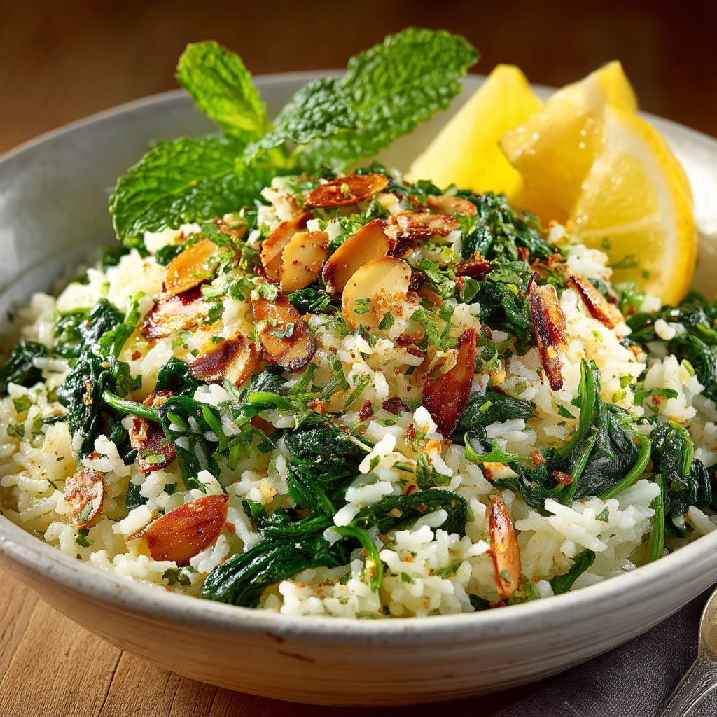 Une assiette de riz et de légumes verts.