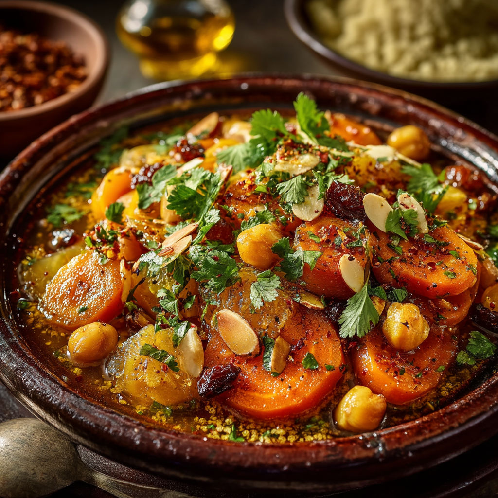 Une assiette de légumes et de fruits, avec des carottes, des poivrons, des noix, des herbes et des épices.