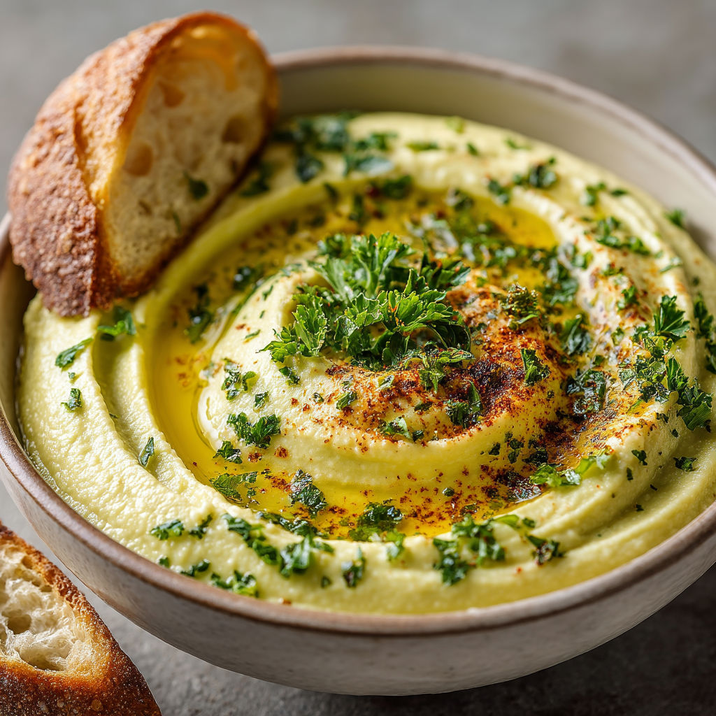 Une assiette de hummus avec du pain et des herbes.