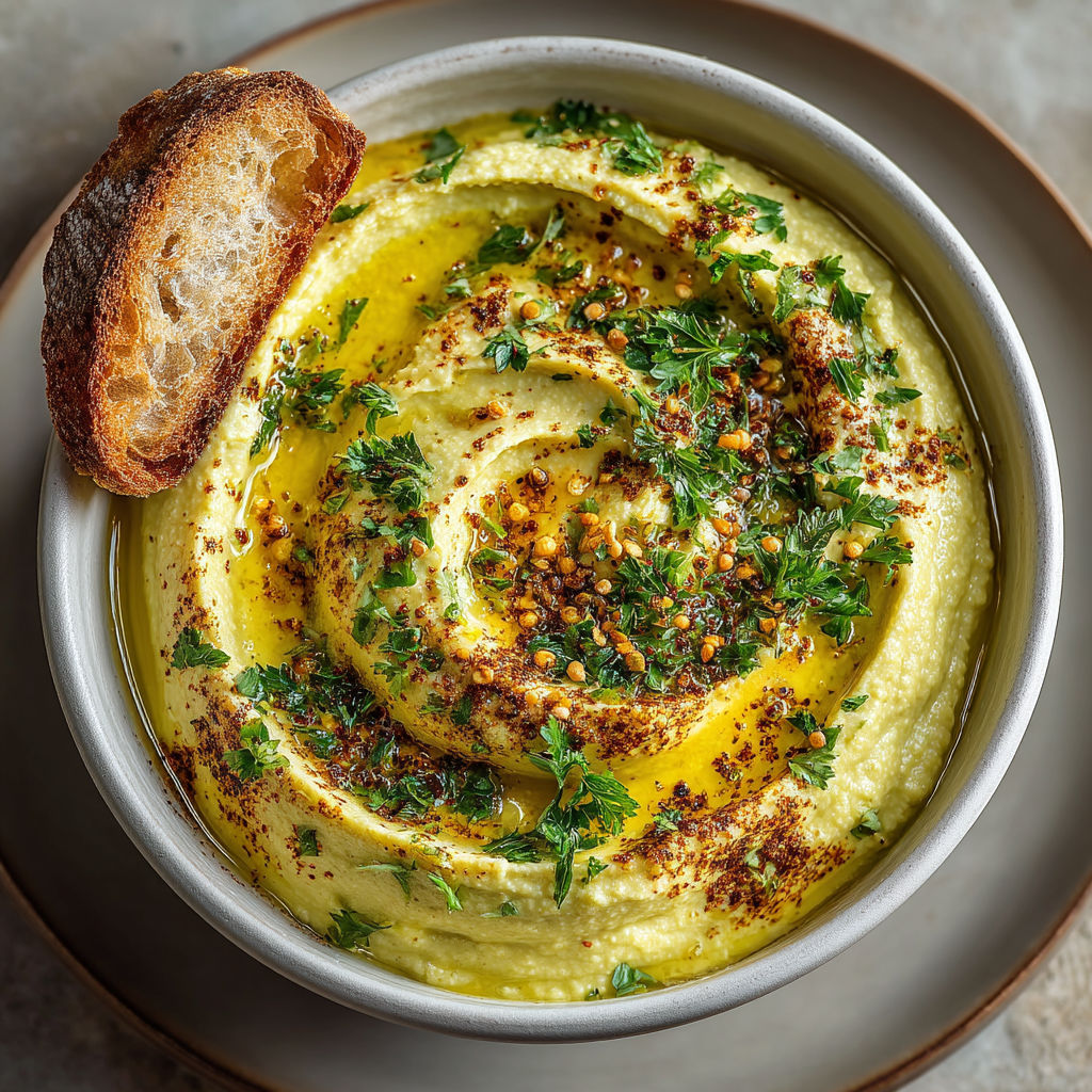 Une assiette de hummus avec des herbes et du pain.