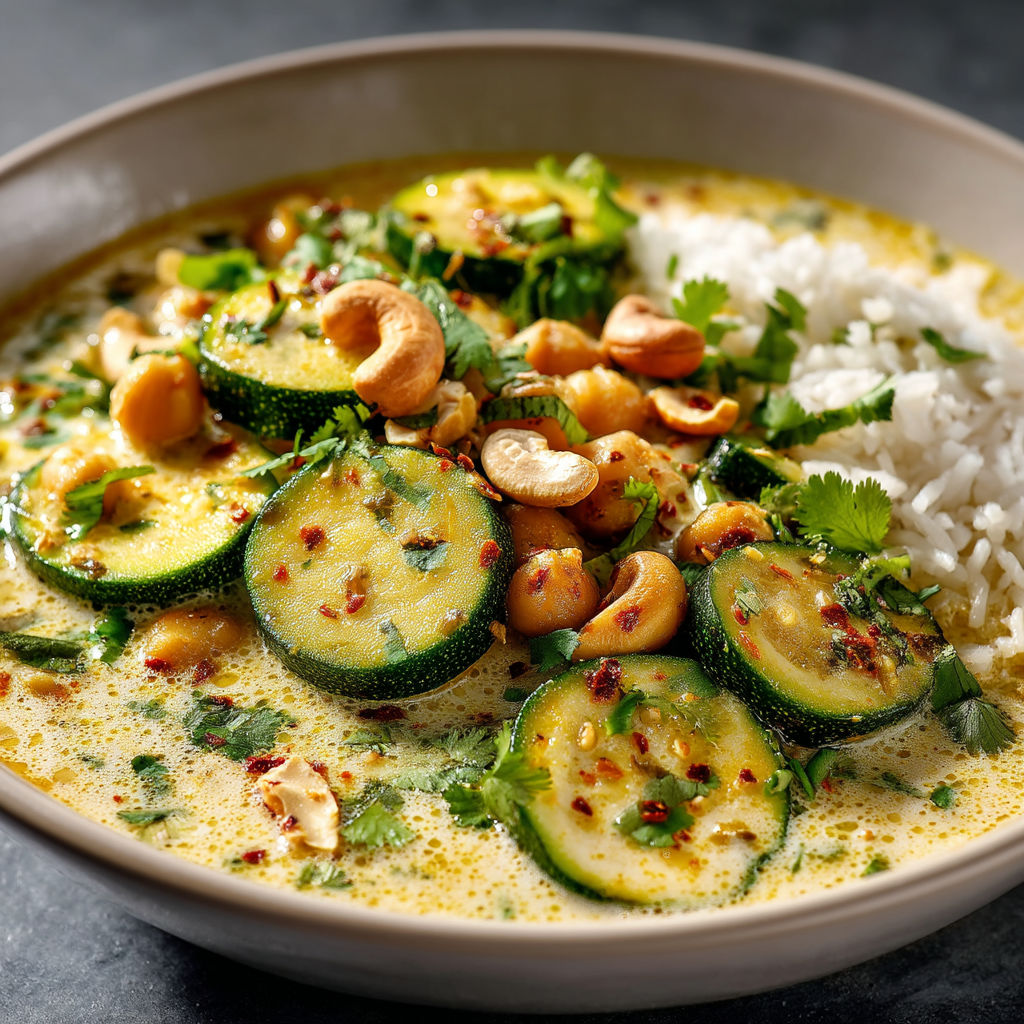 Un plat de curry doux avec des courgettes, des pois chiches et des noix de coco.
