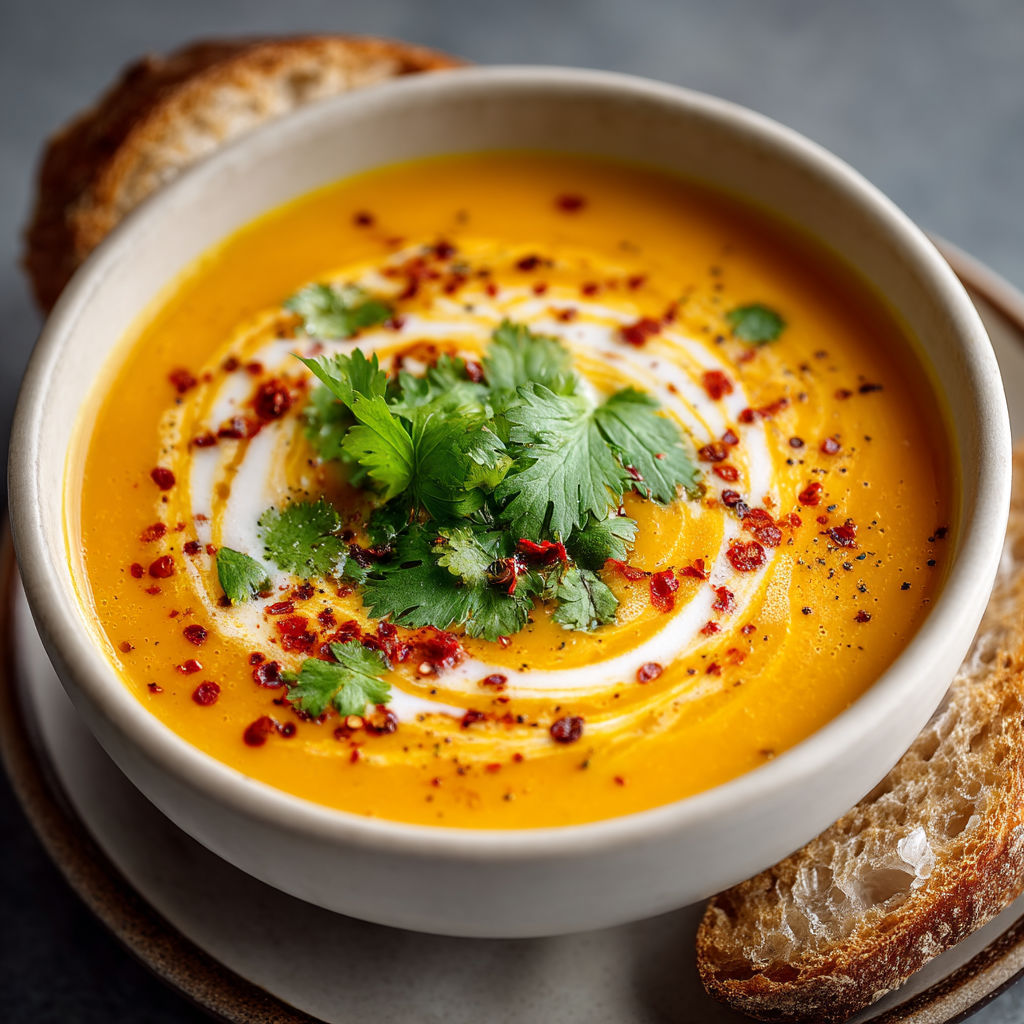 Une tasse de soupes colorées avec des herbes et des tranches de pain.