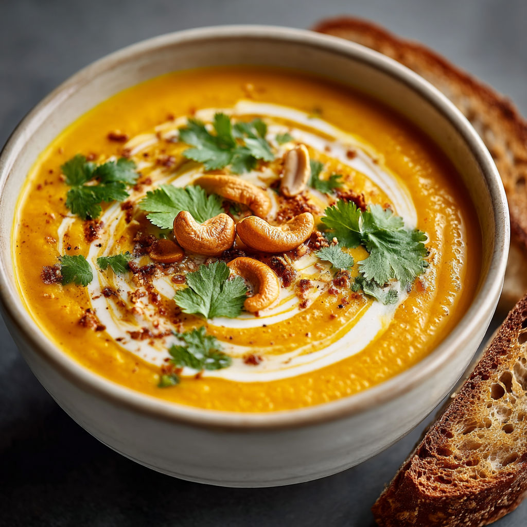 Une soupe de carottes et de curry, accompagnée de pain grillé.