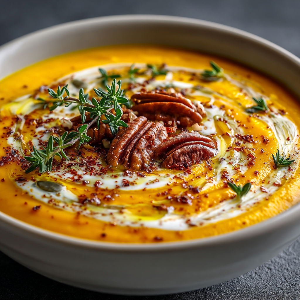 Une soupe chaude avec des noix et des herbes.