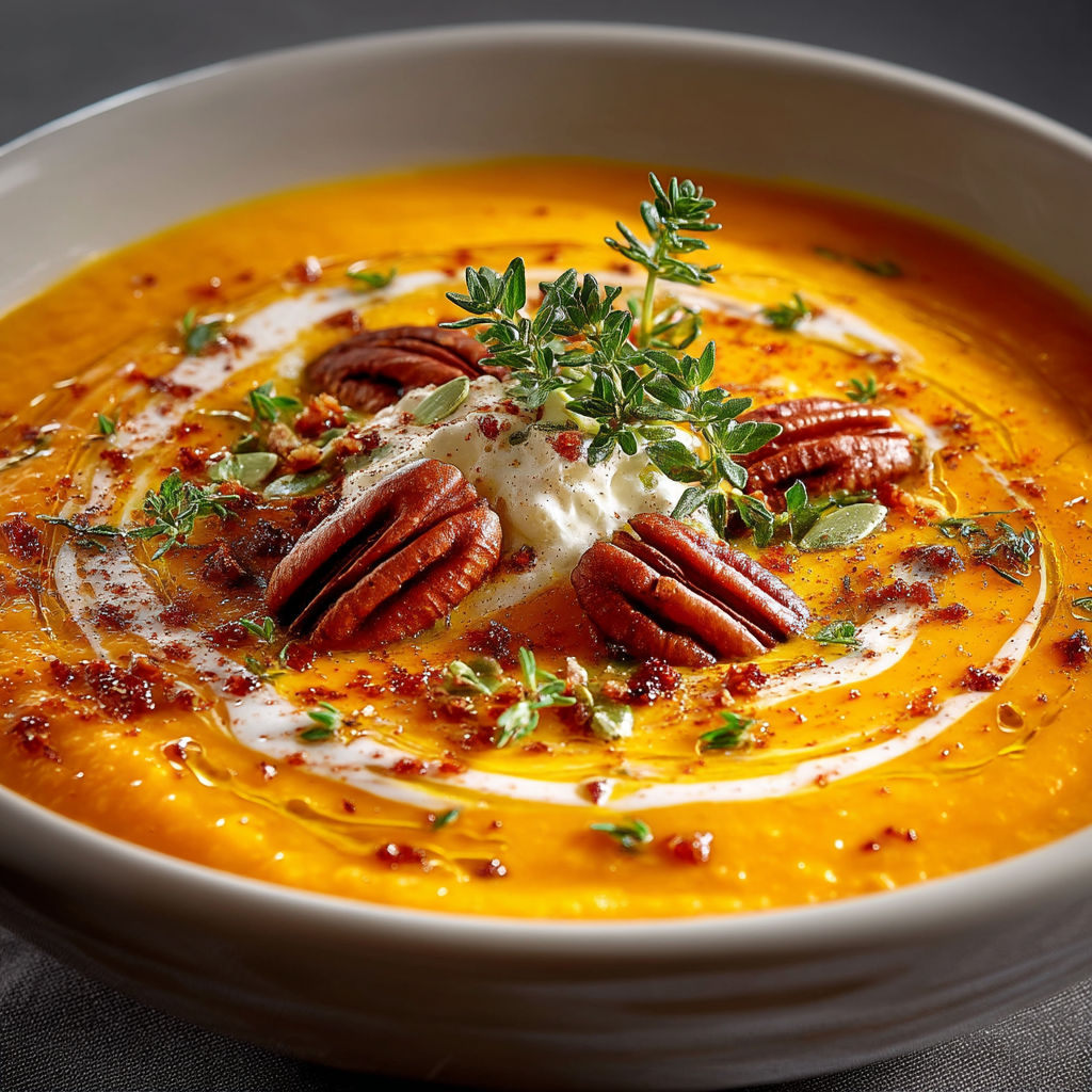 Une soupe chaude avec des noix et des herbes.