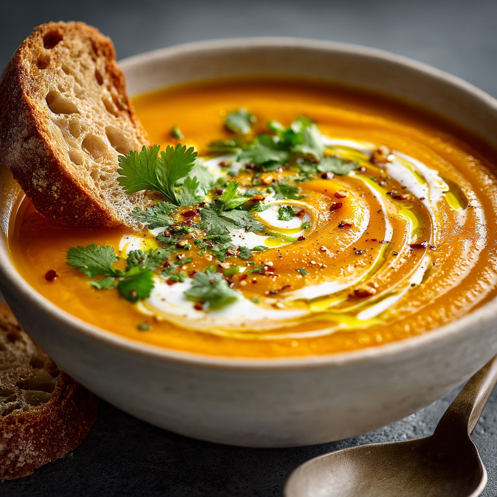 Une tasse de soupes avec des herbes et du pain.