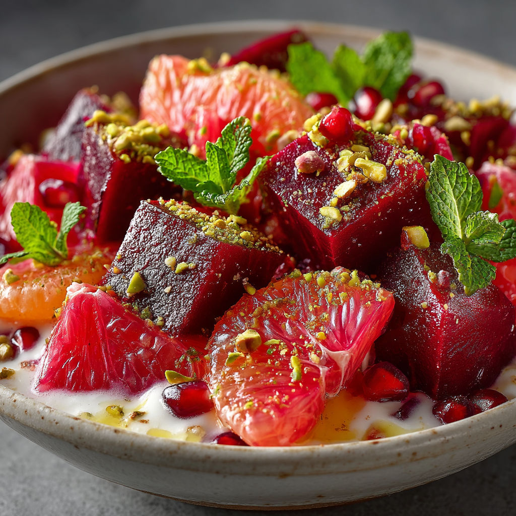 Une assiette de fruits rouges et oranges avec des herbes vertes.