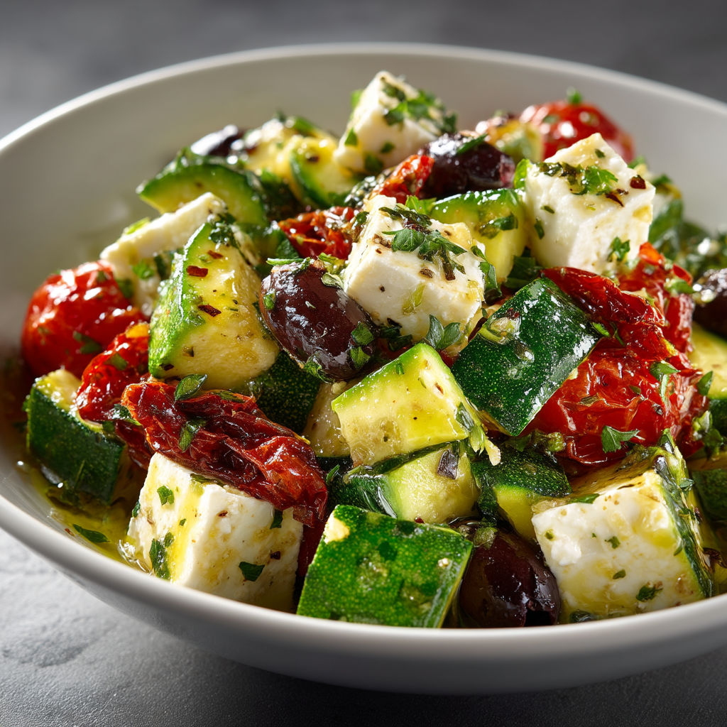 Salade de courgettes, feta, tomates et olives noires.