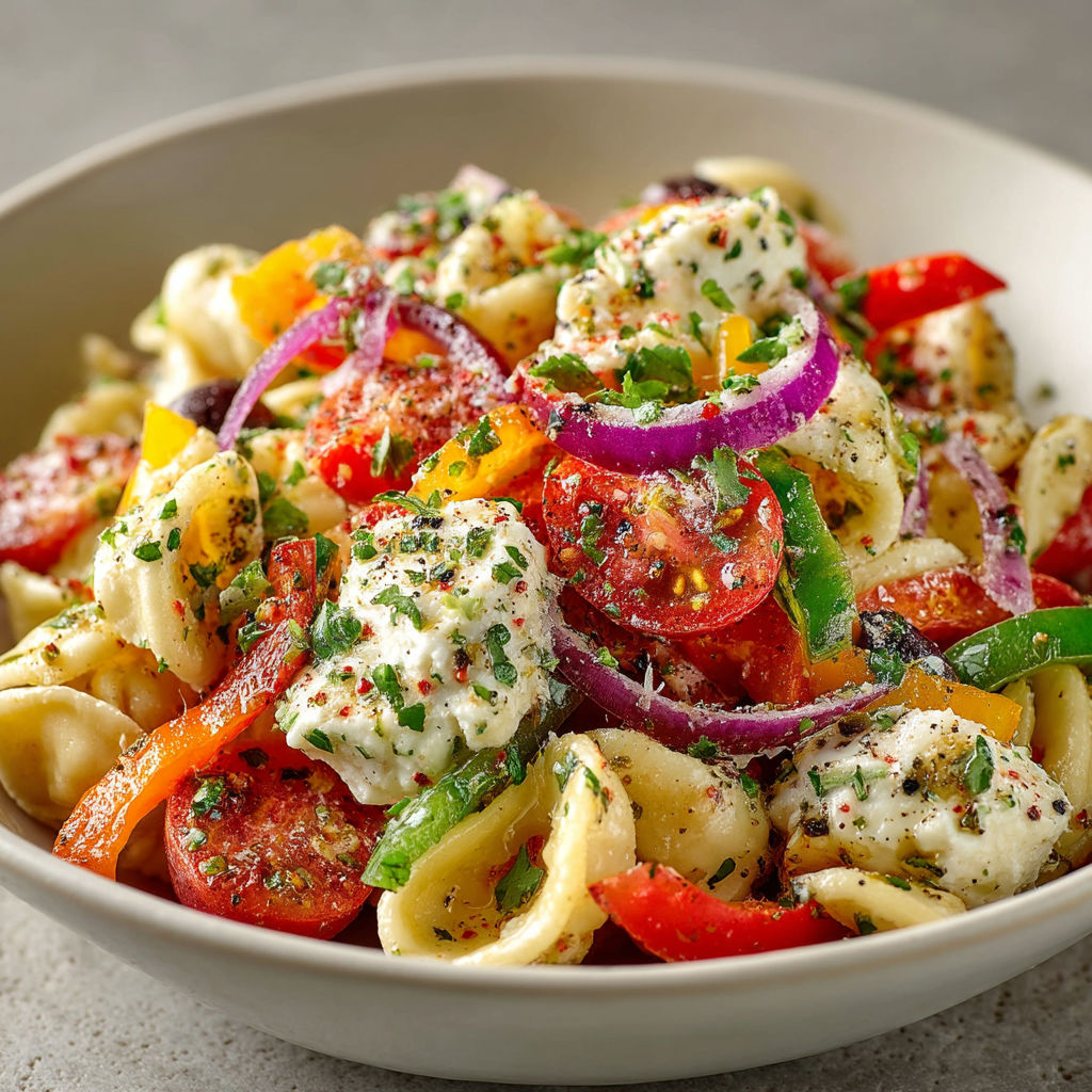 Une assiette de macaroni avec des tomates, des oignons, des poivrons et des herbes.