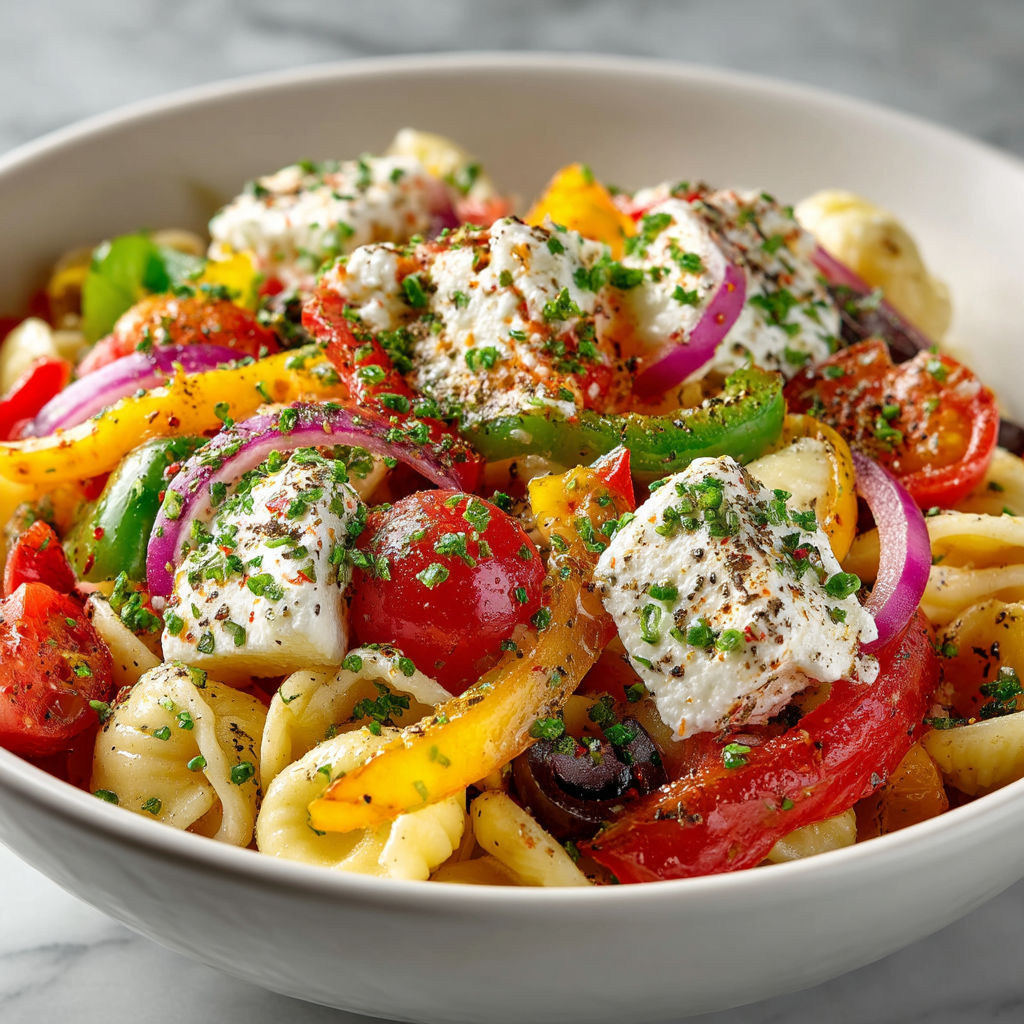 Une assiette de pasta avec des légumes et des fromages.