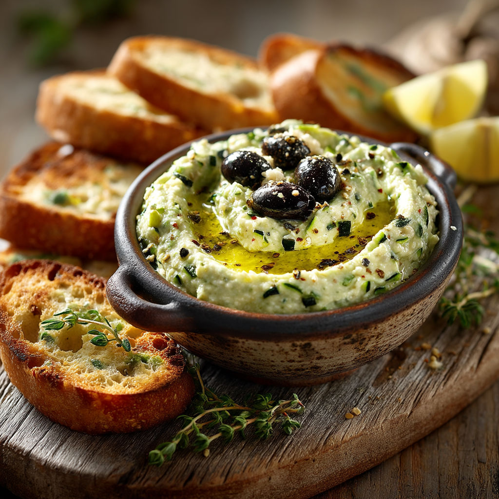 Une assiette de hummus avec des olives et des tranches de pain.