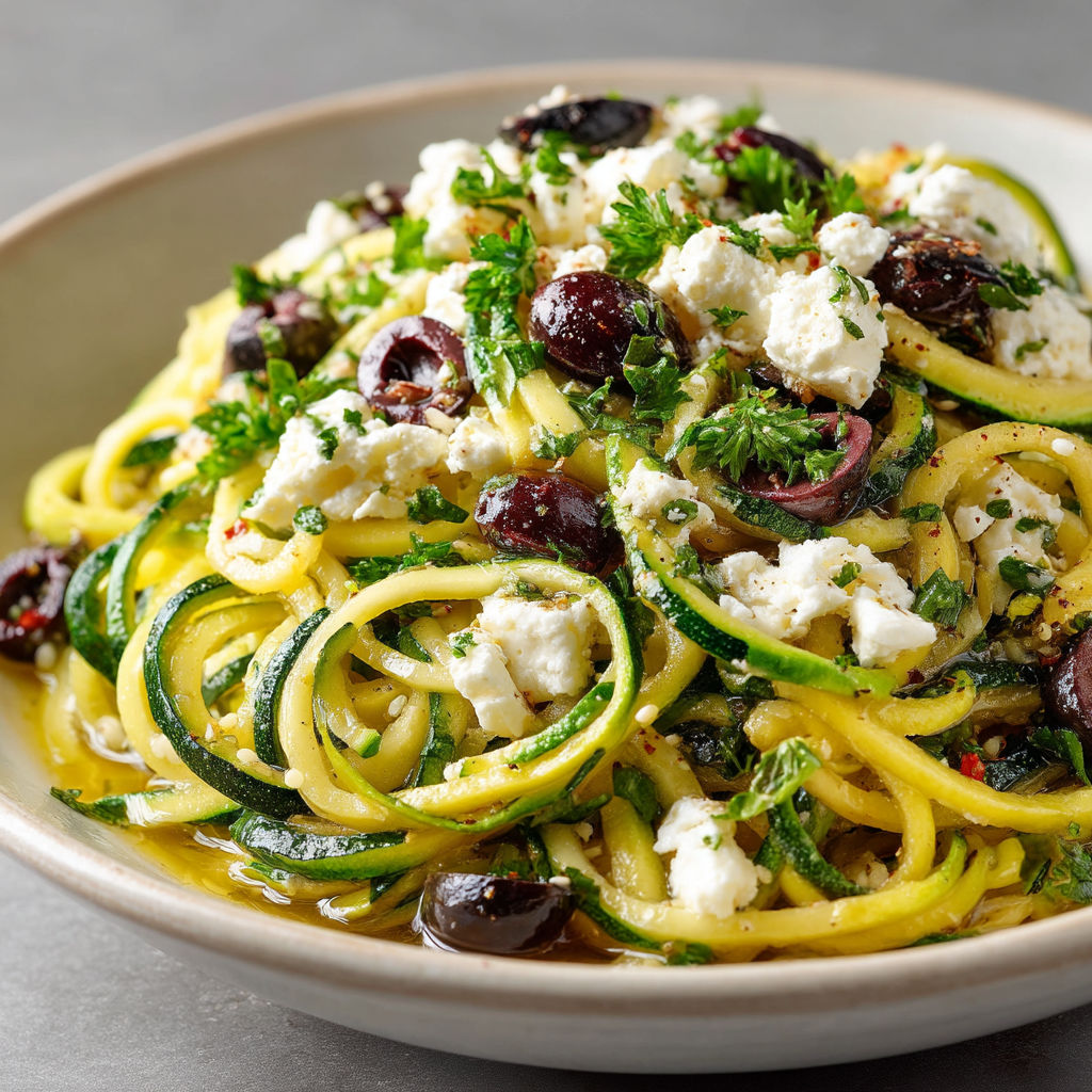 Une assiette de spaghetti de courgettes avec des olives et du citron confit.