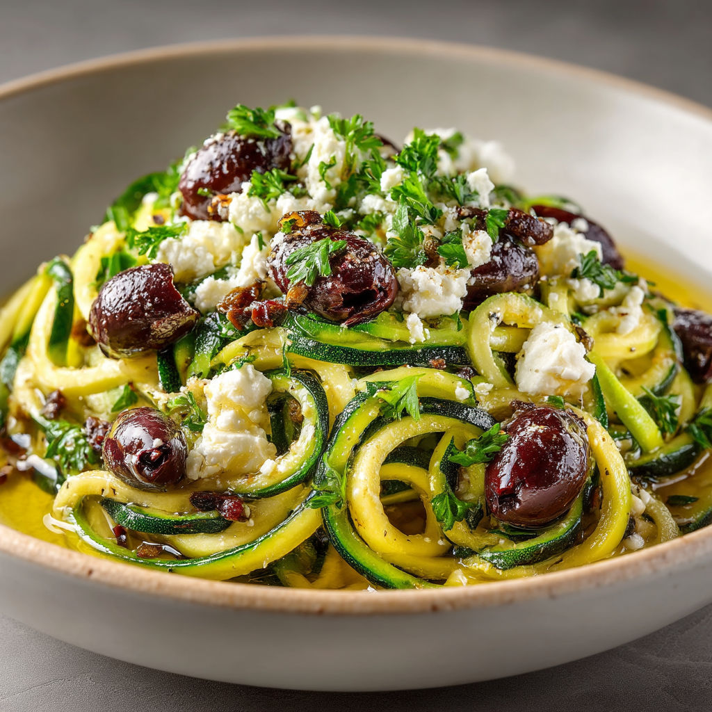 Une assiette de zucchini avec des olives et du fromage.