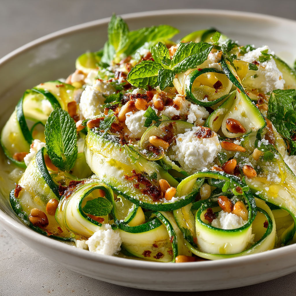 Une salade de courgette avec des herbes et des noix.