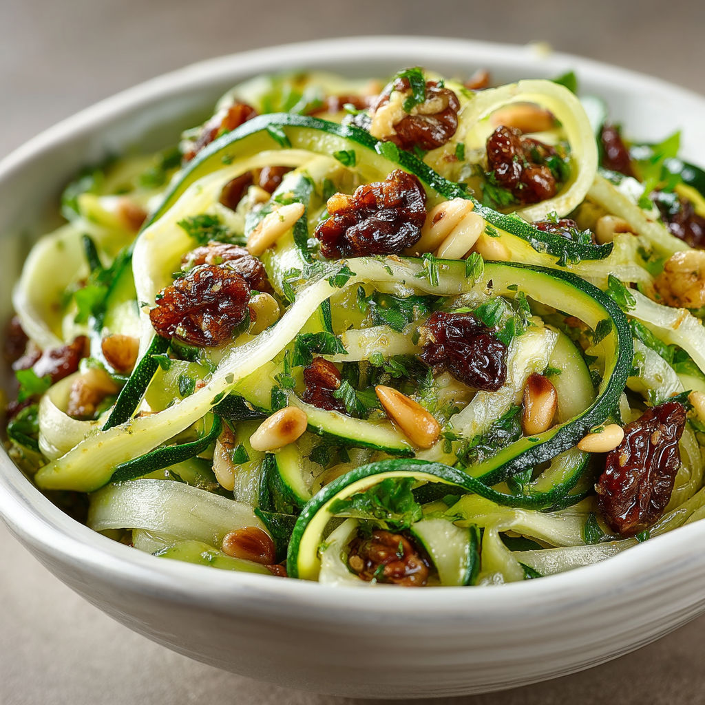 Salade de courgettes, dattes et pignons de pin.