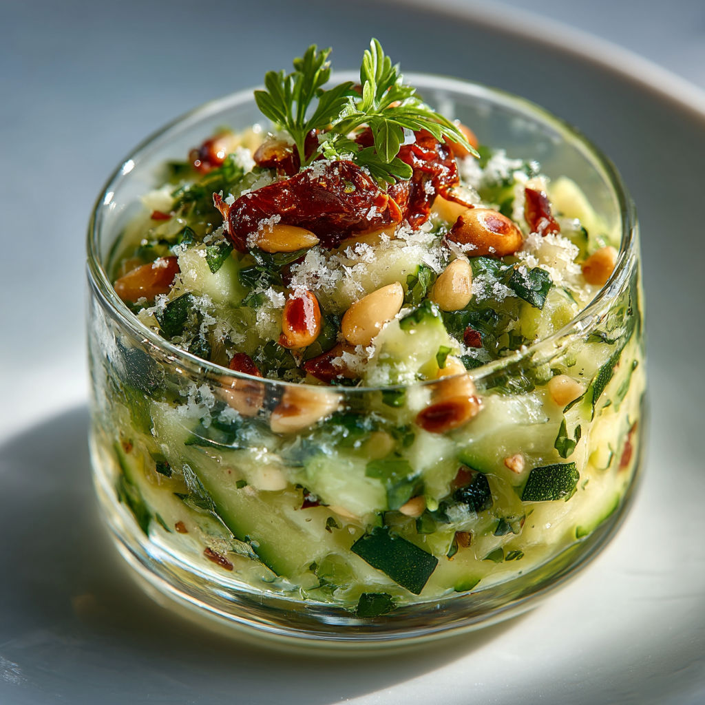 Tartare de courgettes crues aux pignons et Parmesan.