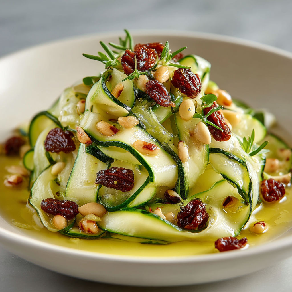 Une salade de courgette avec des noix et des herbes.