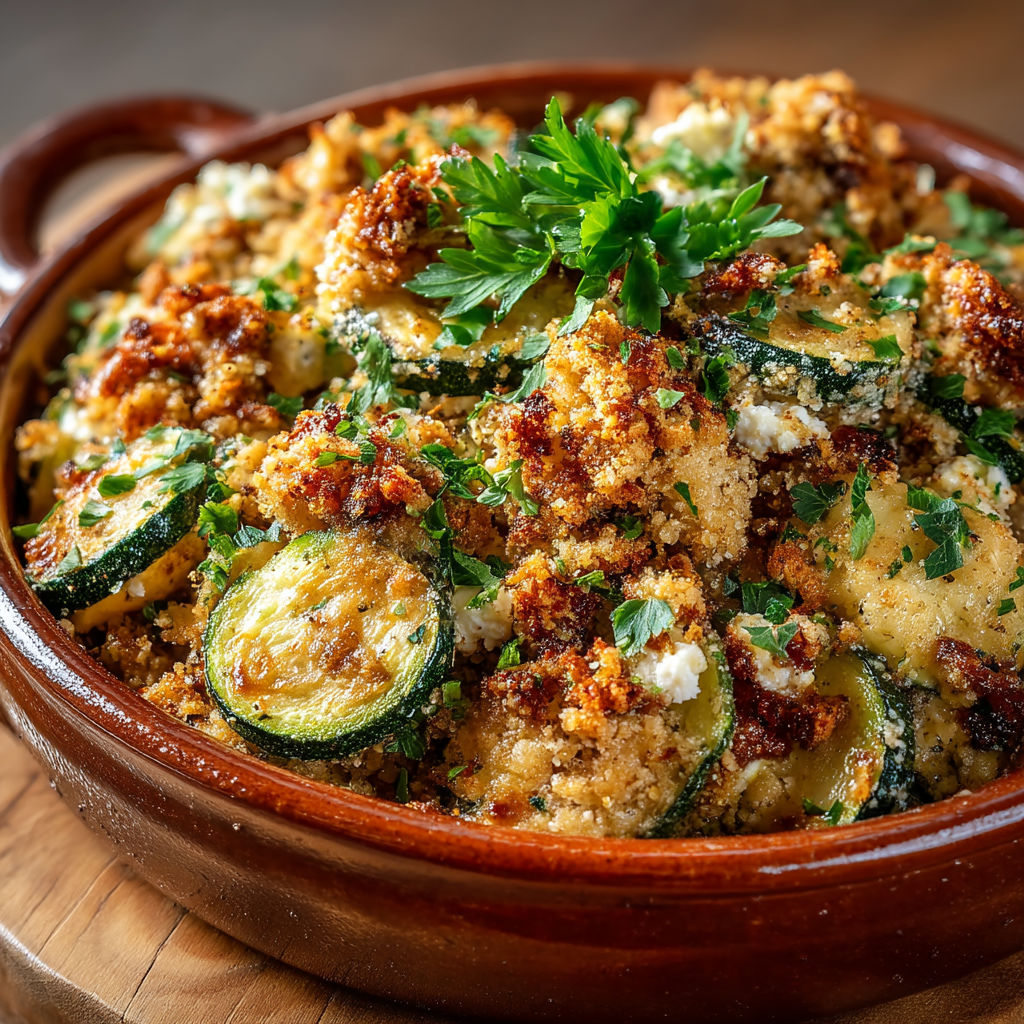 Une assiette de crumble de courgettes aux céréales et à la Féta.